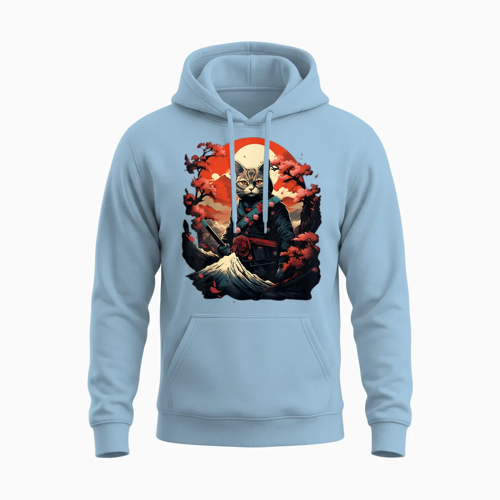 Japanese Art Cat Ninja Ukiyo-E Anime Style Samurai Cat Unisex Hoodie in Light Blue