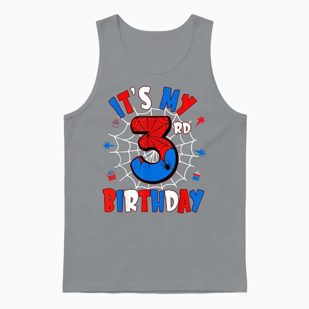 Kids It's My 3rd Birthday Spider Theme Party 3 Years Old Unisex Tank Top in Sport Grey