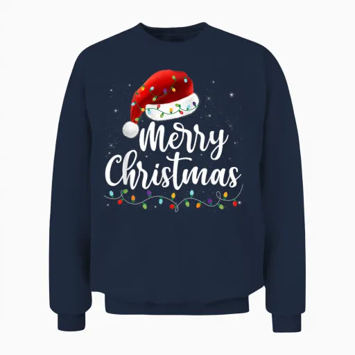 Merry Christmas Lights Red Santa Hat Xmas Family Men Women Unisex Sweatshirt - Navy