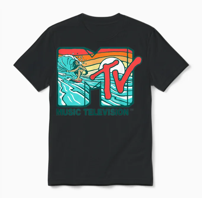 Mademark X Mtv - Mtv Catch a Wave Mtv Surfer Logo Retro Graphic Unisex T-Shirt in Black
