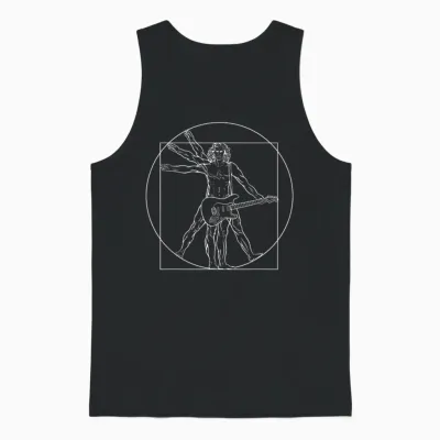 Punk Rock Star Vitruvian Man with Electric Guitar T-Shirt, Black Unisex Tank Top - Black