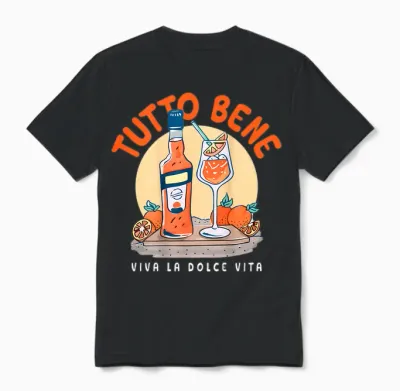 Tutto Bene X Viva La Dolce Vita Oil Aperoir Spritz Club Back T-Shirt, Black, S Unisex T-Shirt - Black