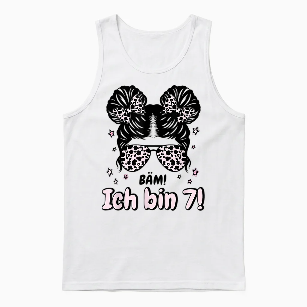 Kids 7th Birthday Girl Messy Bun Bäm! I Am Seven Unisex Tank Top in White