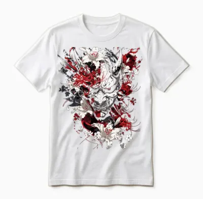 Heinze Design Japan Collection Anime Grunge Harajuku T-Shirt, Black, S, Half Sleeve, Unisex, Classic Fit, Anime Death Flower Oni Japanese Spider Lily Devil Unisex T-Shirt - White