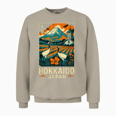 Hokkaido Japan Vintage Travel Mountain Cranes Art Unisex Sweatshirt - Sand