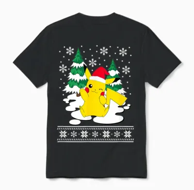 Pokémon - Pikachu Christmas Snowy Pattern Unisex T-Shirt - Black
