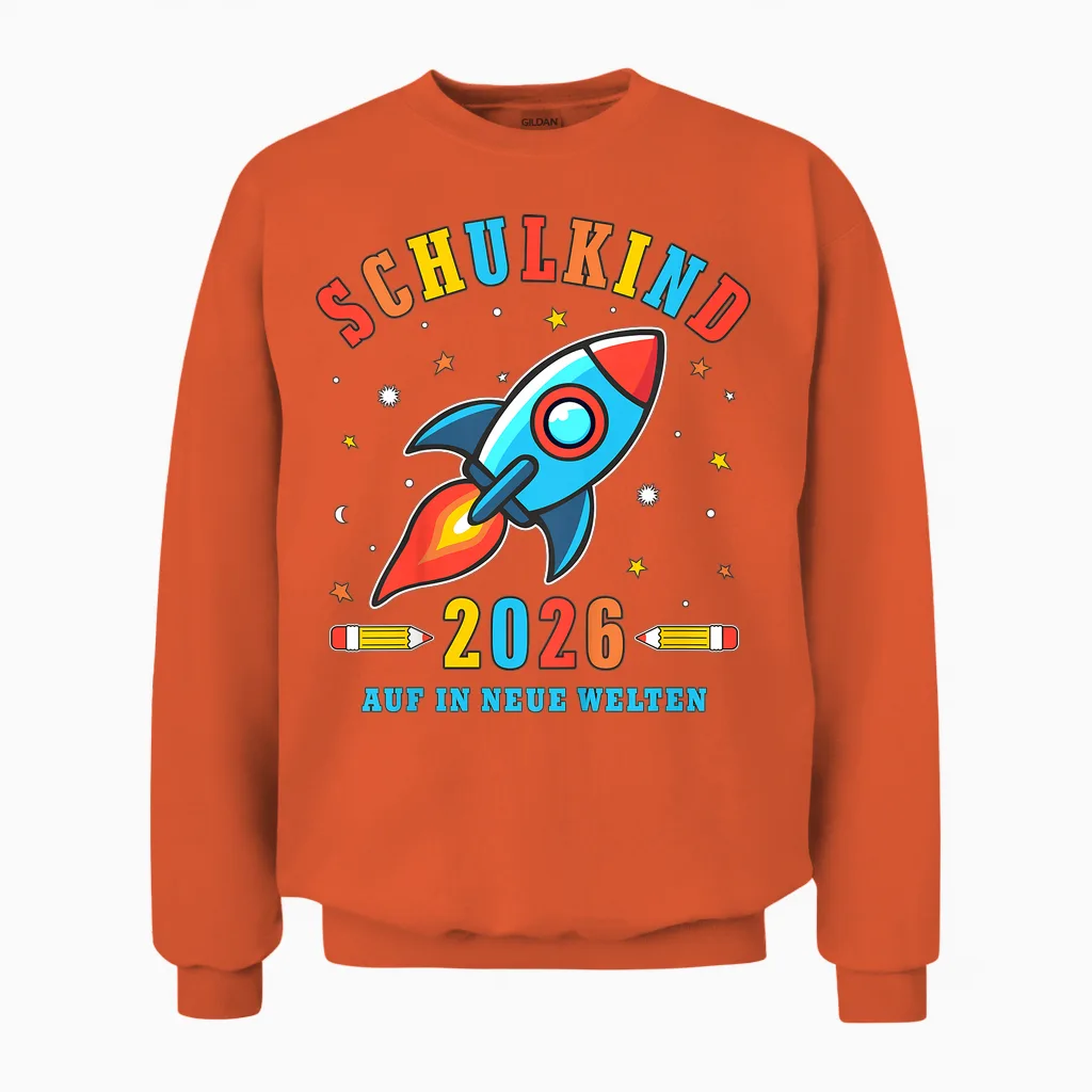 Kinder Schulkind 2026 Auf in Neue Welten Rakete Jungen Unisex Sweatshirt in Orange