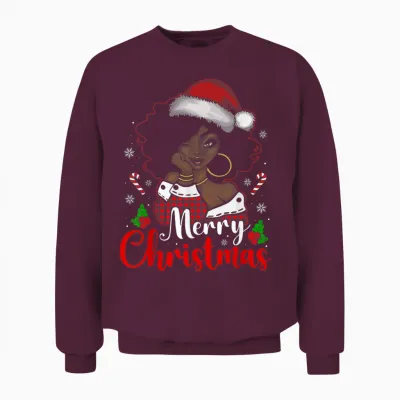 Merry Christmas Black African Girl Santa Hat Xmas Pajamas Unisex Sweatshirt - Maroon