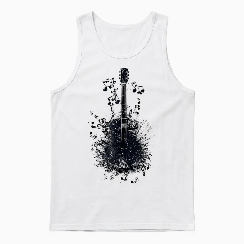 T-Shirt with Musical Notes for Guitarists, Black Unisex Tank Top in White