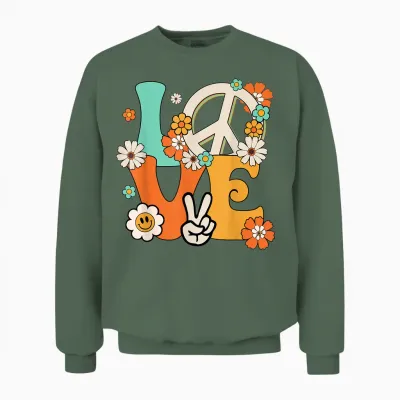Peace Sign Love T Shirt 60s 70s Tie Dye Hippie Costume Unisex Sweatshirt - Military Green