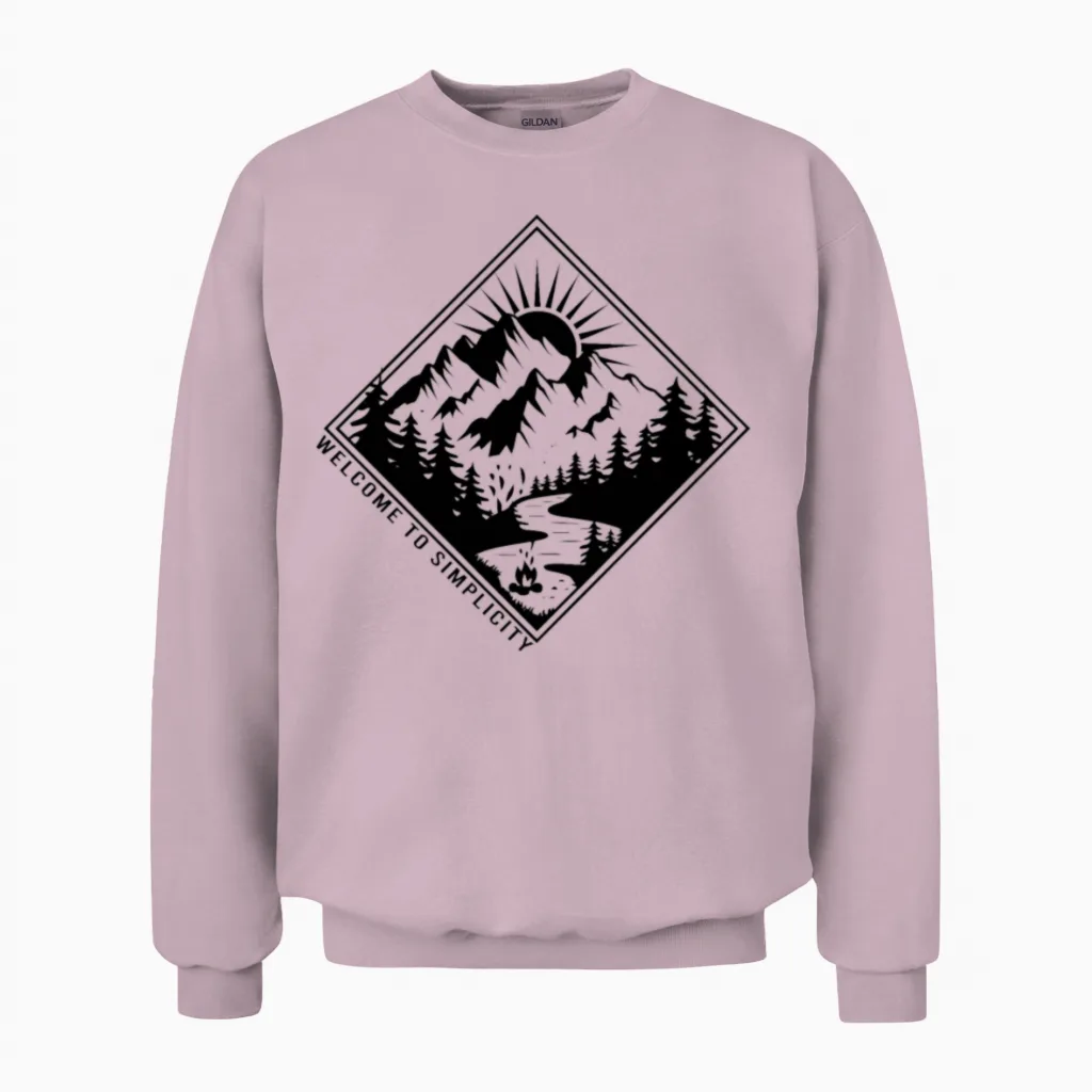 Hiking Mountain Camping Welcome to Simplicity Unisex Sweatshirt in Light Pink
