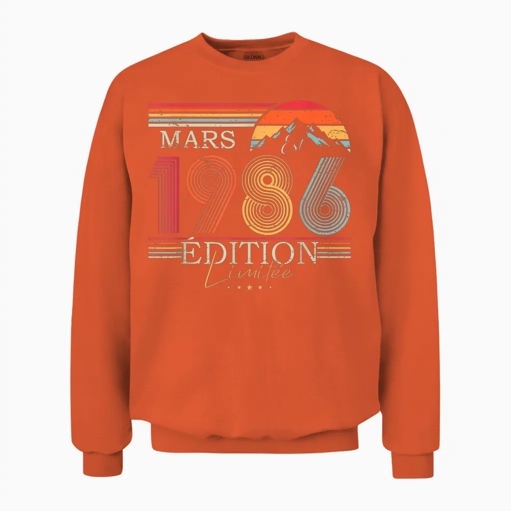 1986 Vintage March Birthday Retro Man Woman Gift Unisex Sweatshirt in Orange