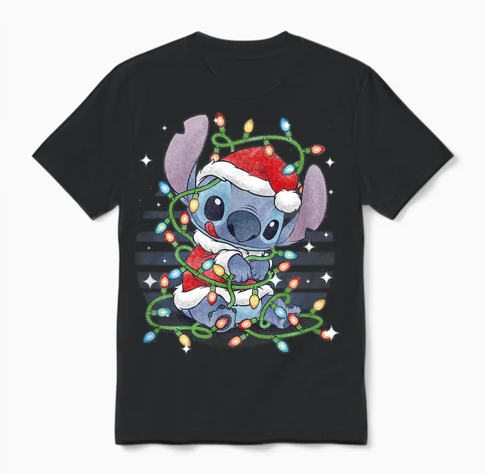 Disney Lilo & Stitch Christmas Tangled Lights Portrait Unisex T-Shirt in Black
