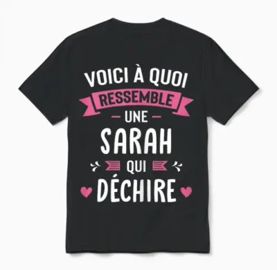 Woman Humour Personalised Gift Sarah Qui Déchire T-Shirt, Black, Female X-Small Unisex T-Shirt - Black