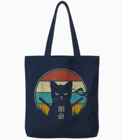 Japanese Cat Vintage Style Kawaii Retro Kitten Lover Tote Bags - Navy