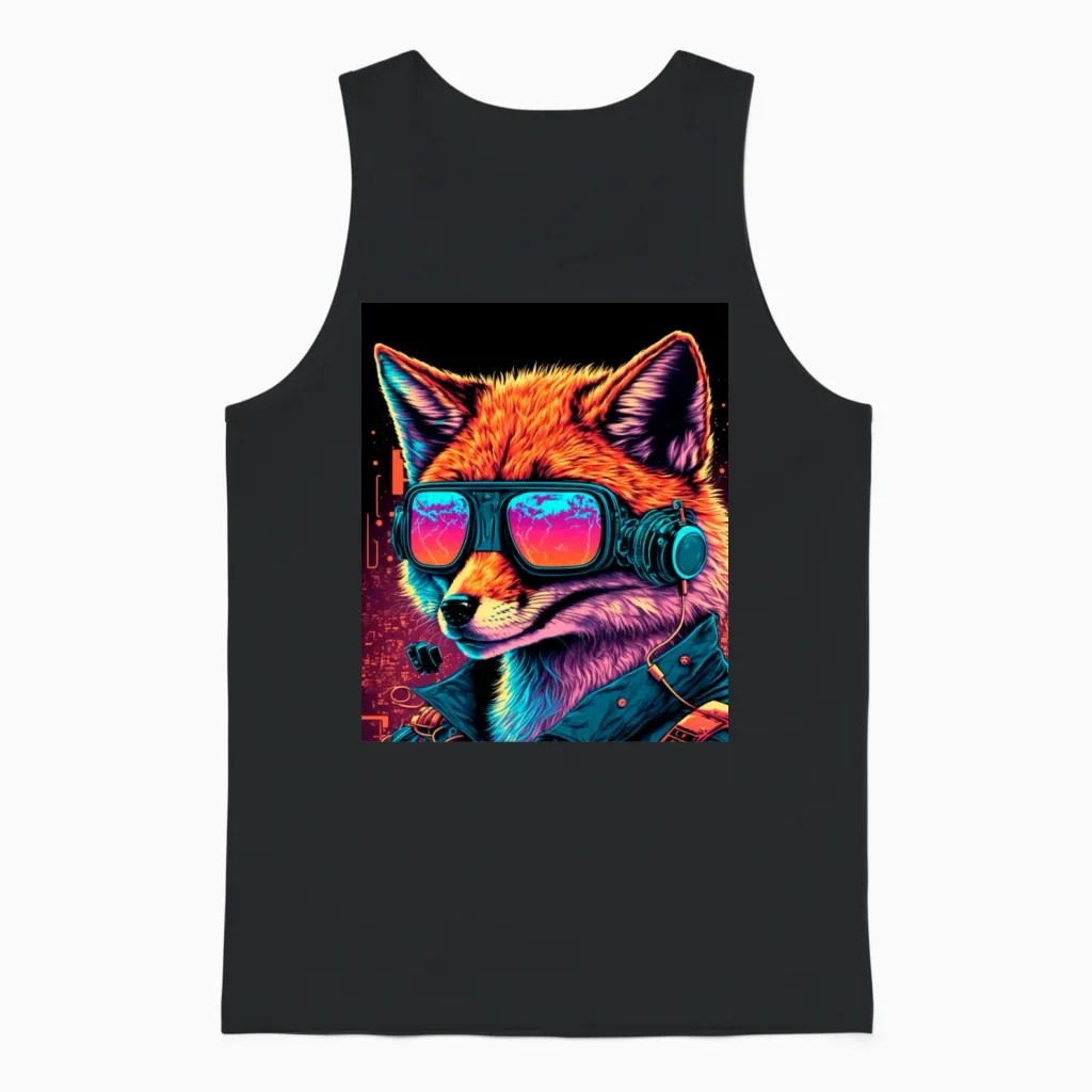 Retro Futuristic Synthwave Fox Unisex Tank Top in Black