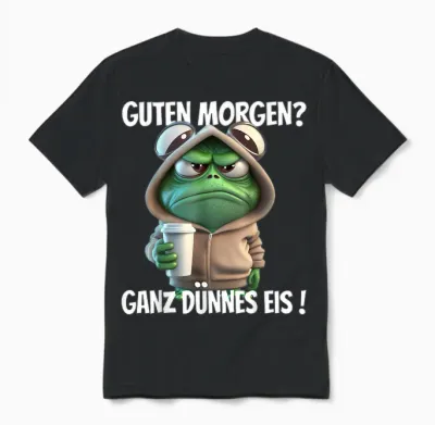 Funny T-Shirt with German Text "guten Morgen? Ganz Dünnes Eis!" Frog Motif, Black Unisex T-Shirt - Black