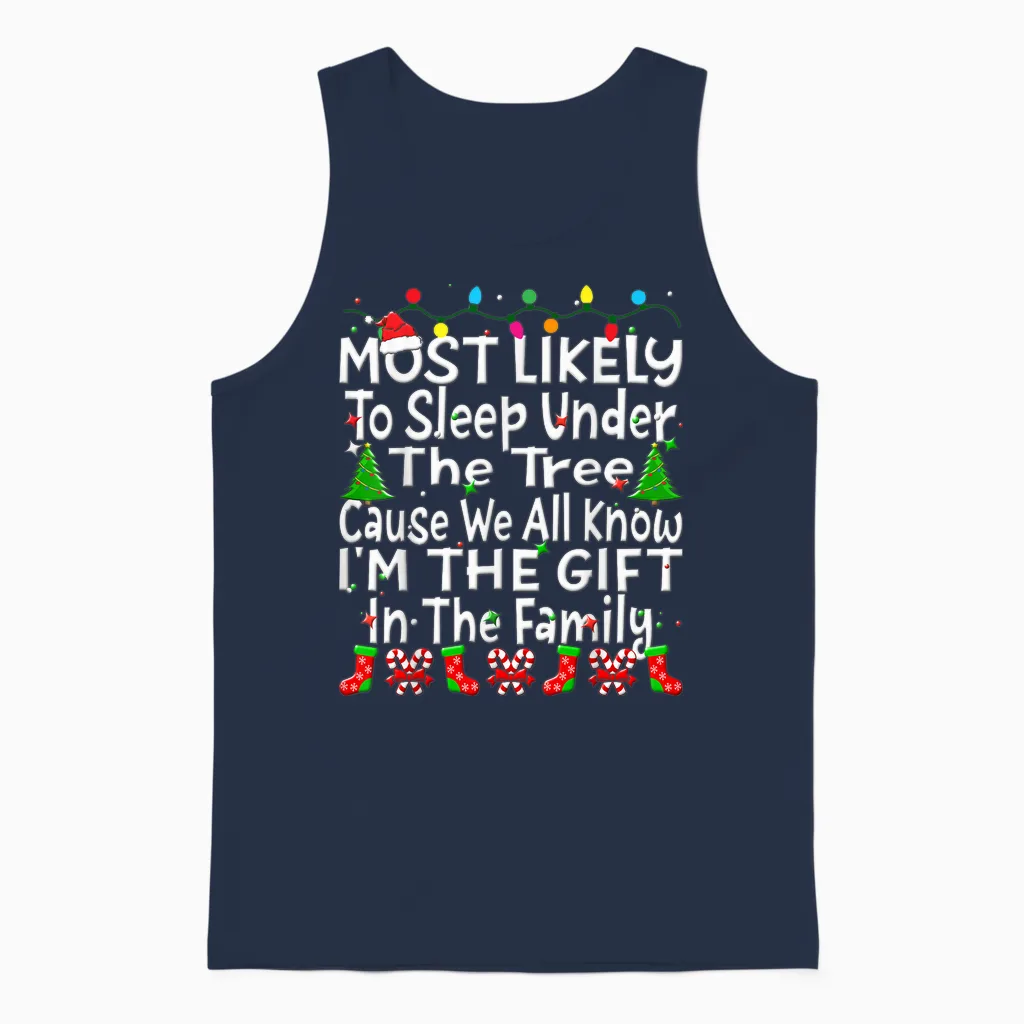Most Likely to Sleep Under the Tree I'm the Gift Christmas Unisex Tank Top in Navy