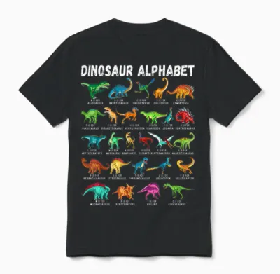 Types of Dinosaurs Alphabet A-Z Abc Dino Identification Unisex T-Shirt - Black