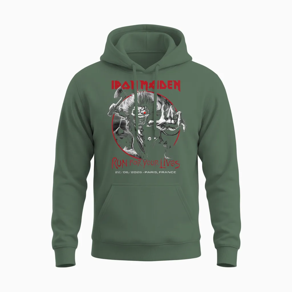 Iron Maiden Run for Your Lives Tour 2026 Paris Unisex Hoodie in Military Green