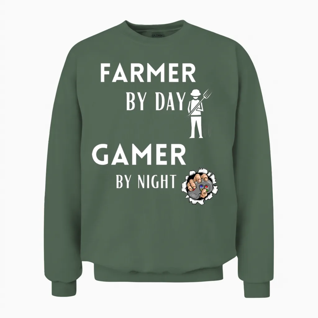 Funny Farmer Farmer by Day Gamer by Night Funny Unisex Sweatshirt in Military Green