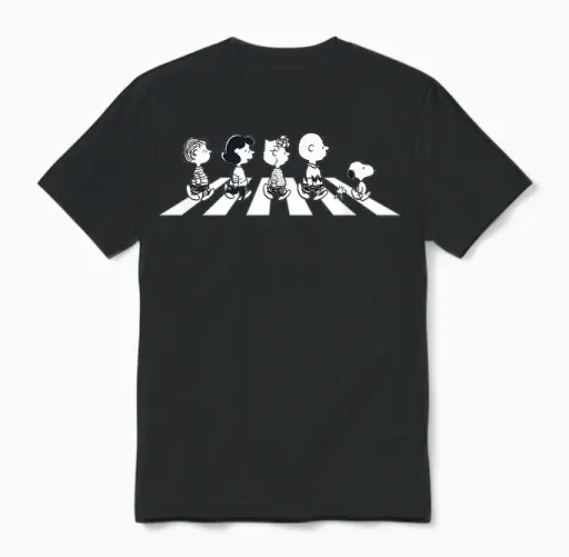 Peanuts Snoopy Charlie Woodstock Beatles Walking Fun Classic Unisex T-Shirt in Black