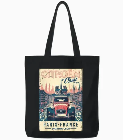 Citroën Classic Paris France Driving Club 2cv Notre-Dame T-Shirt, Black, S Tote Bags - Black