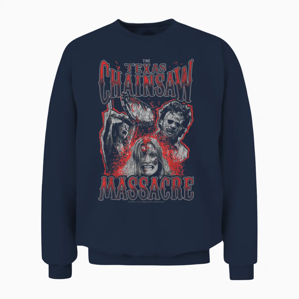 The Texas Chainsaw Massacre Blood Splatter Collage Horror Unisex Sweatshirt in Navy