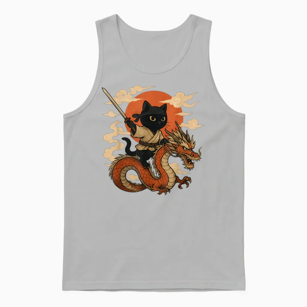 Vintage Japanische Samurai Katze Ninja Drache Kawaii Anime Liebhaber Unisex Tank Top in Ash