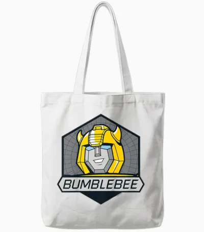 Children's Retro Badge Transformers Bumblebee Kids T-Shirt, Blue, 2 Tote Bags - White