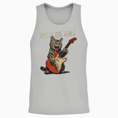 Rock and Roll Guitar Cat Vintage Rock Guitarist Cat Unisex Tank Top - Ash