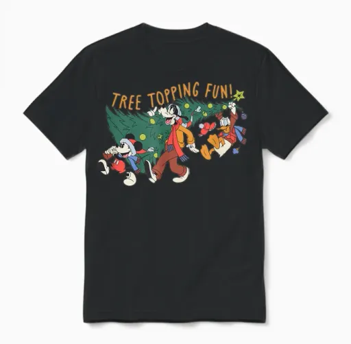 Amazon Essentials Men's Mickey Mouse Goofy and Donald Christmas Tree Topping Fun T-Shirt, Black Graphic Print, Small Unisex T-Shirt in Black