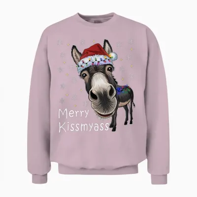 Merry Kissmyass Donkey Sarcastic Xmas Funny Christmas Unisex Sweatshirt - Light Pink