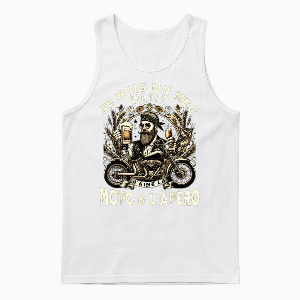 Gift Fan Motorcycle and Aperitif Biker Humour Alcohol Funny T-Shirt, Black, S Unisex Tank Top in White