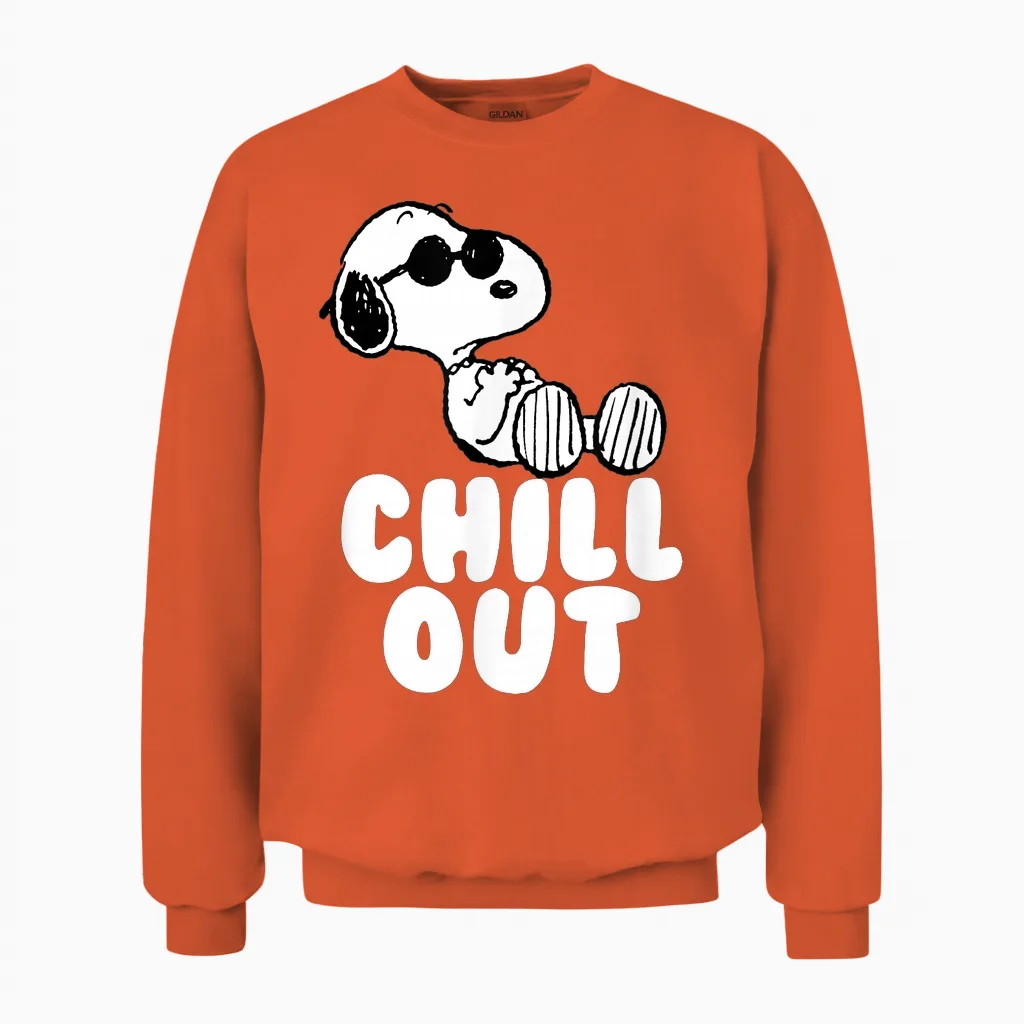 Peanuts Classic Fit Crew Neck T-Shirt - Chill Out Snoopy Graphic in Blue Unisex Sweatshirt in Orange