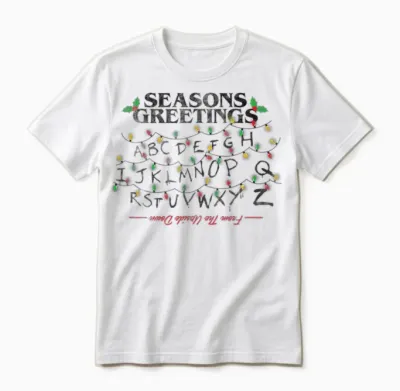 Stranger Things Christmas Greetings Upside Down Distressed Unisex T-Shirt - White