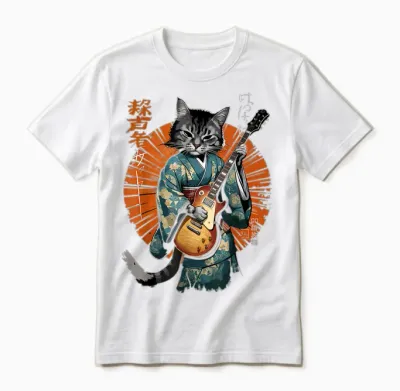T-Shirt Graphique Amusant Avec Chat Jouant De La Guitare Pour Homme Et Femme Unisex T-Shirt - White
