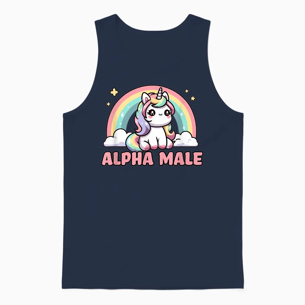 Funny Ironic Men Cute Alpha Male Unicorn T-Shirt, Black, S Unisex Tank Top in Navy