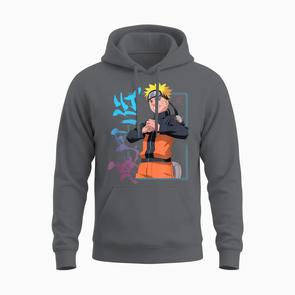 Naruto Shippuden Naruto Kanji Frame Colorful Anime Unisex Hoodie in Charcoal