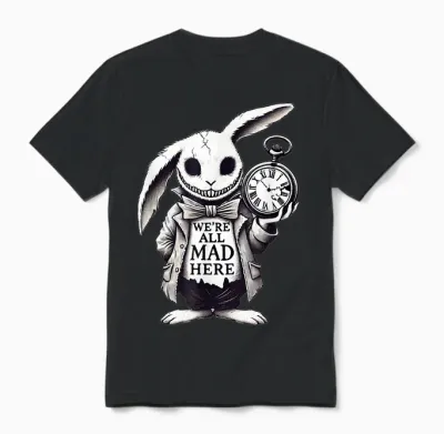 Alice in Wonderland - We're All Mad Here Rabbit Hatter Quote Unisex T-Shirt - Black