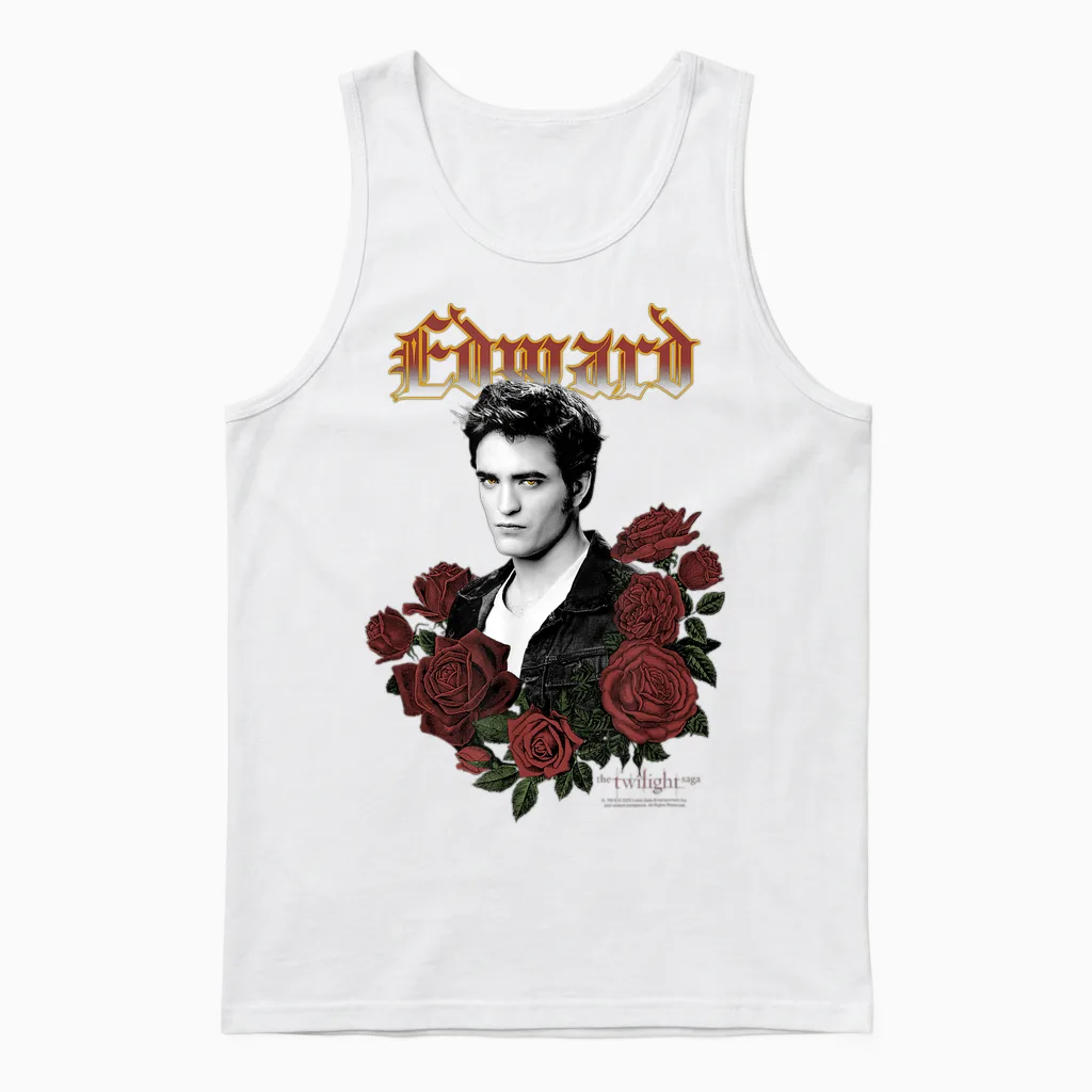 Twilight Edward Goth Print with Roses Vintage Movie Unisex Tank Top in White