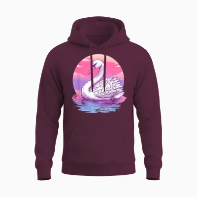 Graceful Swan Pink Sunset Reflection Art T-Shirt, Black, S Unisex Hoodie - Maroon