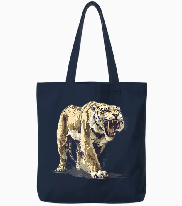 Ancient Saber-Tooth Tiger for Prehistoric Fans Tote Bags in Navy