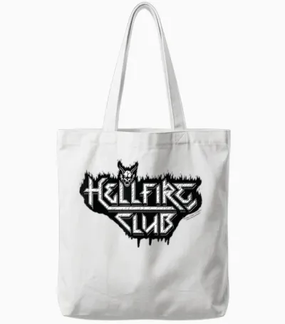 Stranger Things Hellfire Club Logo Black and White T-Shirt, Grey, S Tote Bags - White