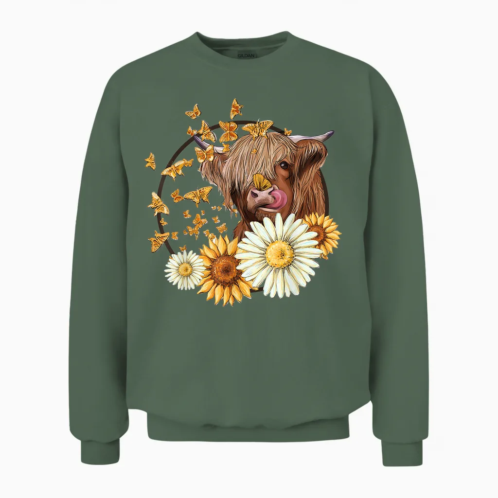 Highland Cow with Sunflower Daisies Butterflies Farm Western Unisex Sweatshirt in Military Green