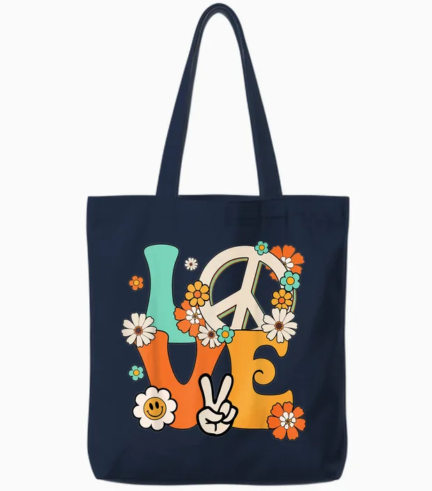 Peace Sign Love 60s & 70s Hippie Style Tote Bags in Navy