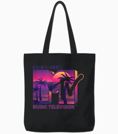 Mademark X Mtv - the Official 1981 Mtv Logo with Purple Palms in the Sunset Tote Bags - Black