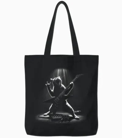 Metalhead Cat Playing Heavy Metal Electric Guitar Cats Rock T-Shirt, Black Tote Bags - Black