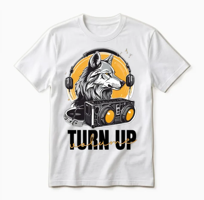 Turn Up Volume , Wolf Music - Wildlife Unisex T-Shirt in White