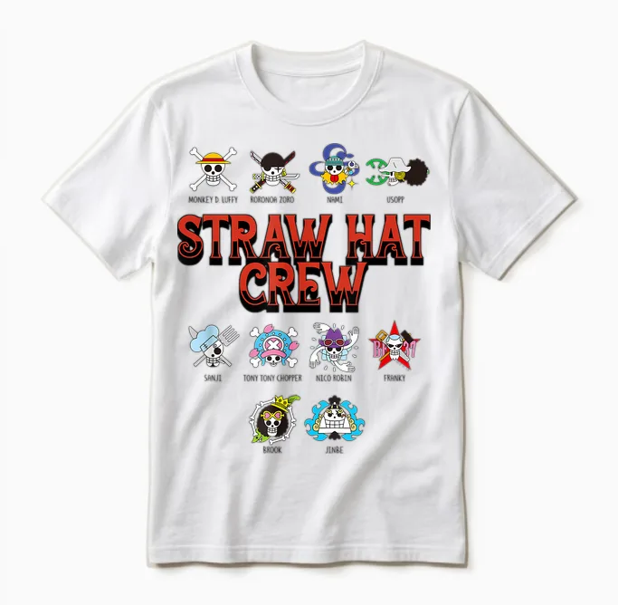 One Piece Anime Straw Hat Crew Jolly Roger Logos Unisex T-Shirt in White